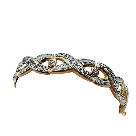 Gold Black X-Link Chain Bracelet Scroll Ornate Design Snap Clasp Size 8" Fashion - Picture 9 of 12